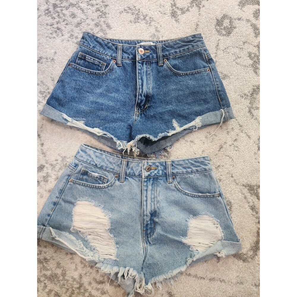 2 Forever 21 Women Short Sz 27 Blue Cotton Mid Rise Raw Hem Distressed Denim Fit
